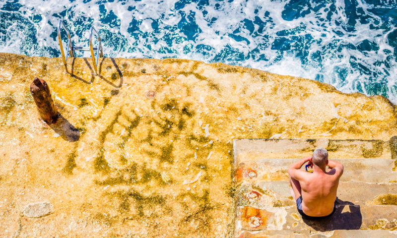 beach, sea, coast, malta, man on rocks, rough sea