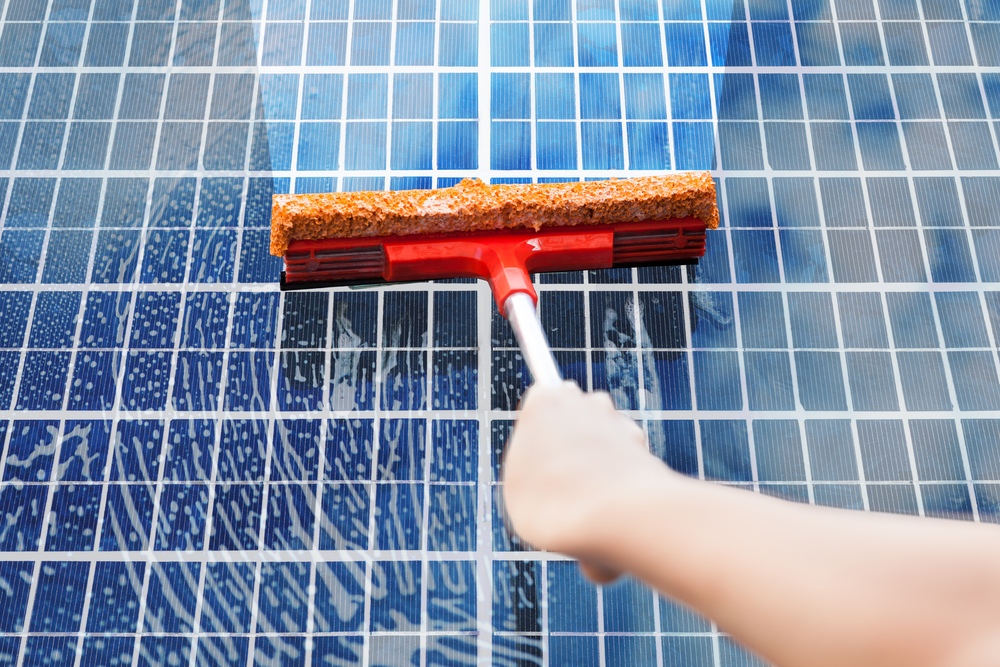 person holding brush washing solar panels home care