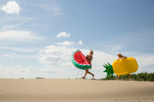 women, walking, beach, sandy, inflatables, watermelon, pineapple, sun, fun, summer, beach accessories