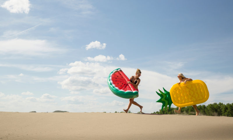 women, walking, beach, sandy, inflatables, watermelon, pineapple, sun, fun, summer, beach accessories
